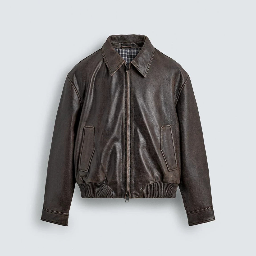Men's leather jacket in vintage bomber style with plaid lining Mune Fashion