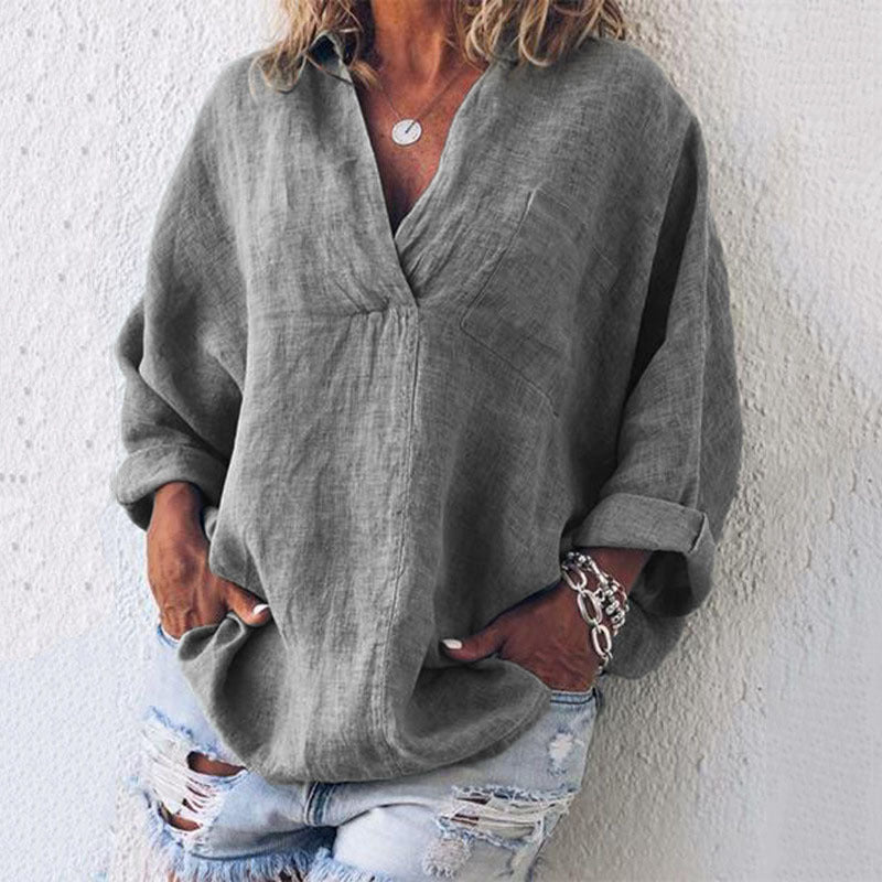 Women's Linen Tunic Oversize with V-Neck Breast Pocket and Roll-up Sleeves Mune Fashion