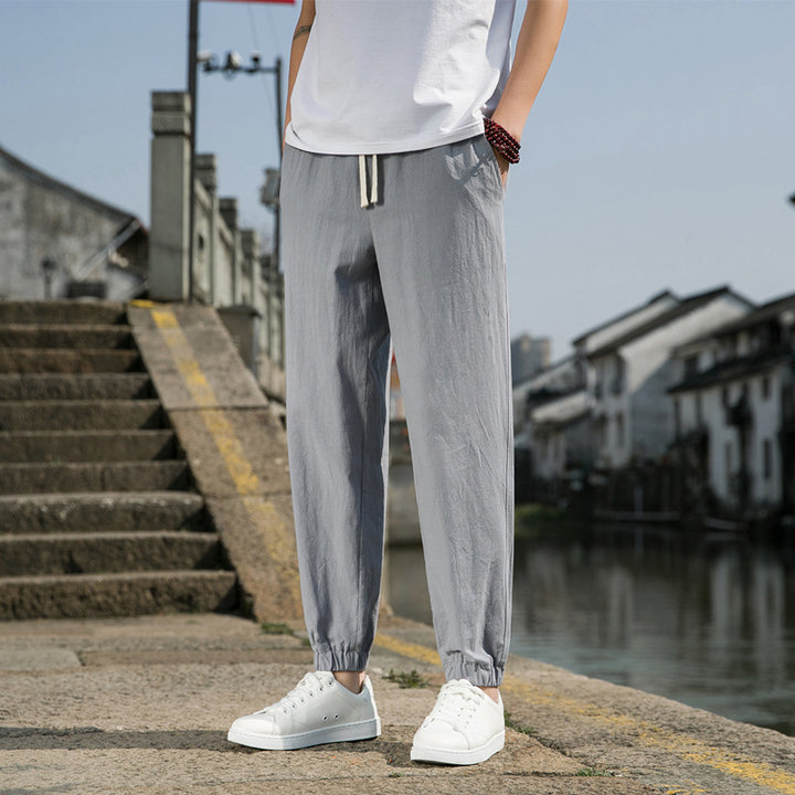 Men's Nan Tapered Linen-Cotton Joggers with Drawstring, Elastic Ankle Cuffs and Slim Silhouette Mune Fashion