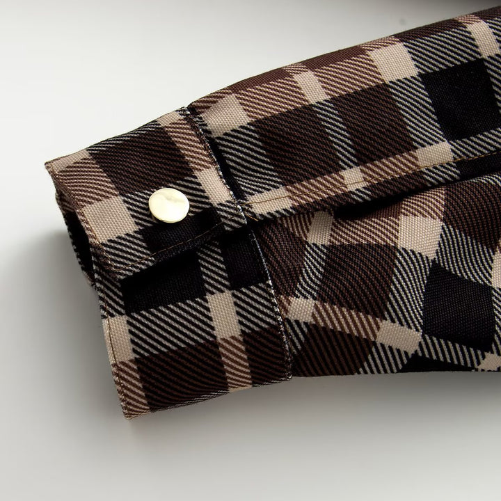 Women's Checkered Overshirt Coat with Faux Leather Collar and Waist Drawstring Mune Fashion