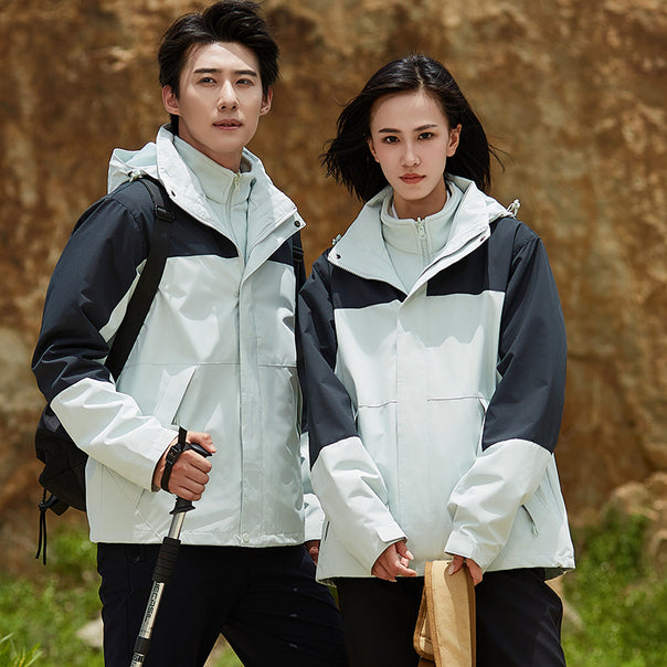 Unisex two-layer water-repellent outdoor jacket with hood and color block design Mune Fashion