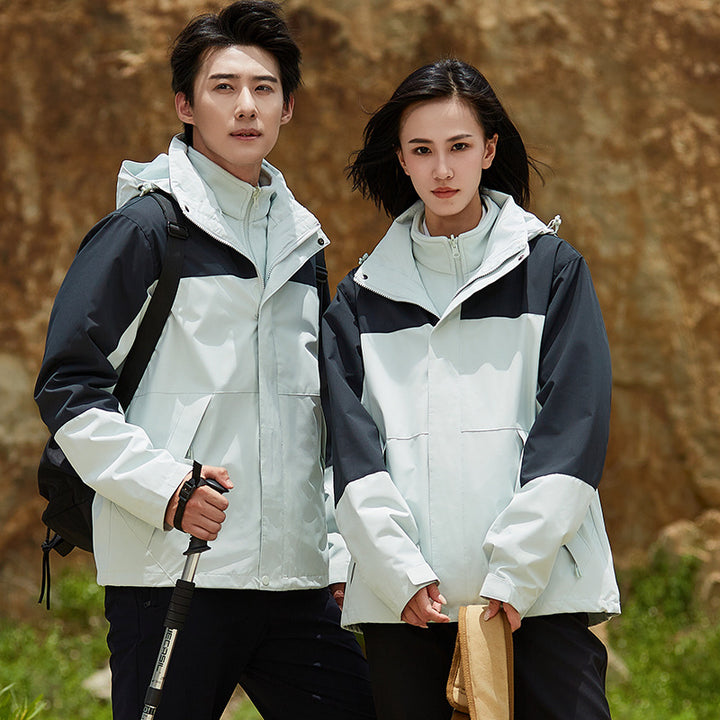Unisex two-layer water-repellent outdoor jacket with hood and color block design Mune Fashion