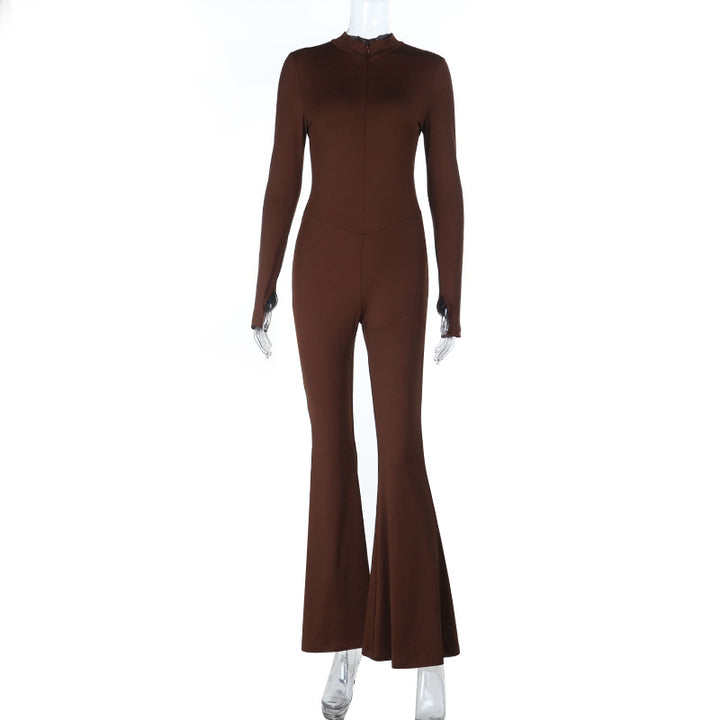 Women’s fitted long-sleeve jumpsuit with high stand-up collar and flared pants Mune Fashion