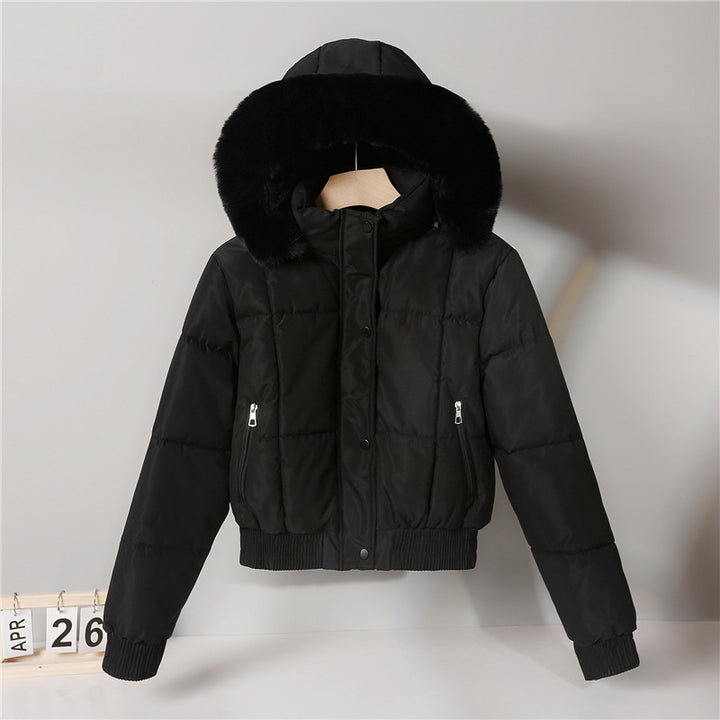 Women's short insulating hooded jacket with voluminous fur collar trim and elastic ribbed hem Mune Fashion