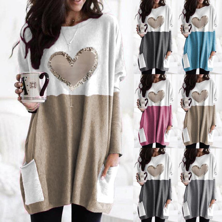 Women's Oversized Long Sweater Tunic with Sequin Heart and Patch Pockets Mune Fashion