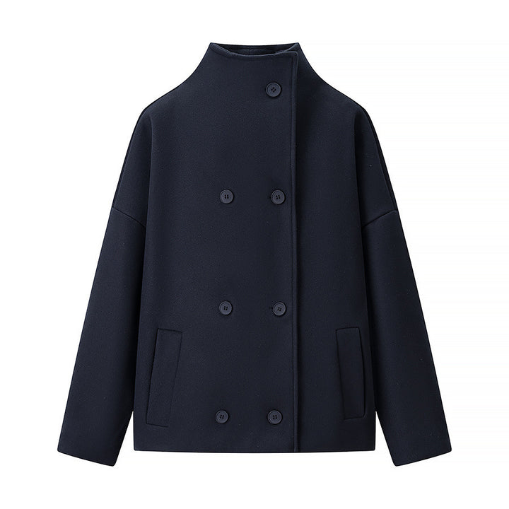 Women's Boxy Wool Blend Caban Jacket with Stand Collar and Dropped Shoulders Mune Fashion