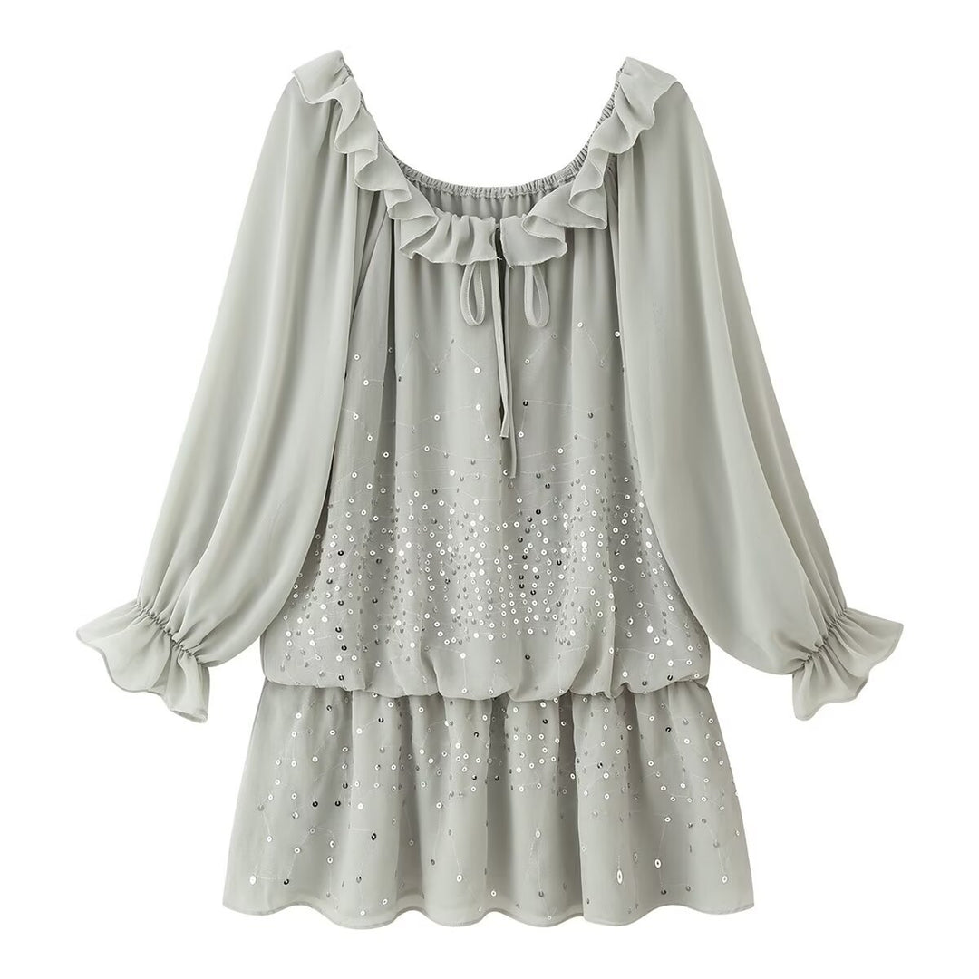 Women's Romantic Ruffle Chiffon Mini Dress with Sequin Trim Mune Fashion