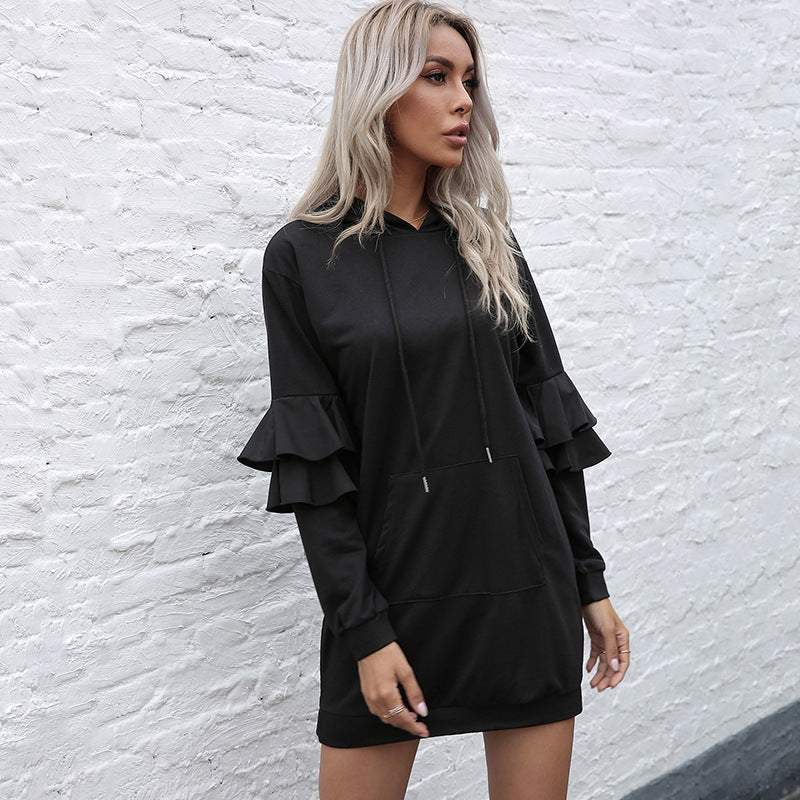 Women Oversize Hooded Dress with Two-Tier Ruffled Sleeves and Side Pocket Mune Fashion