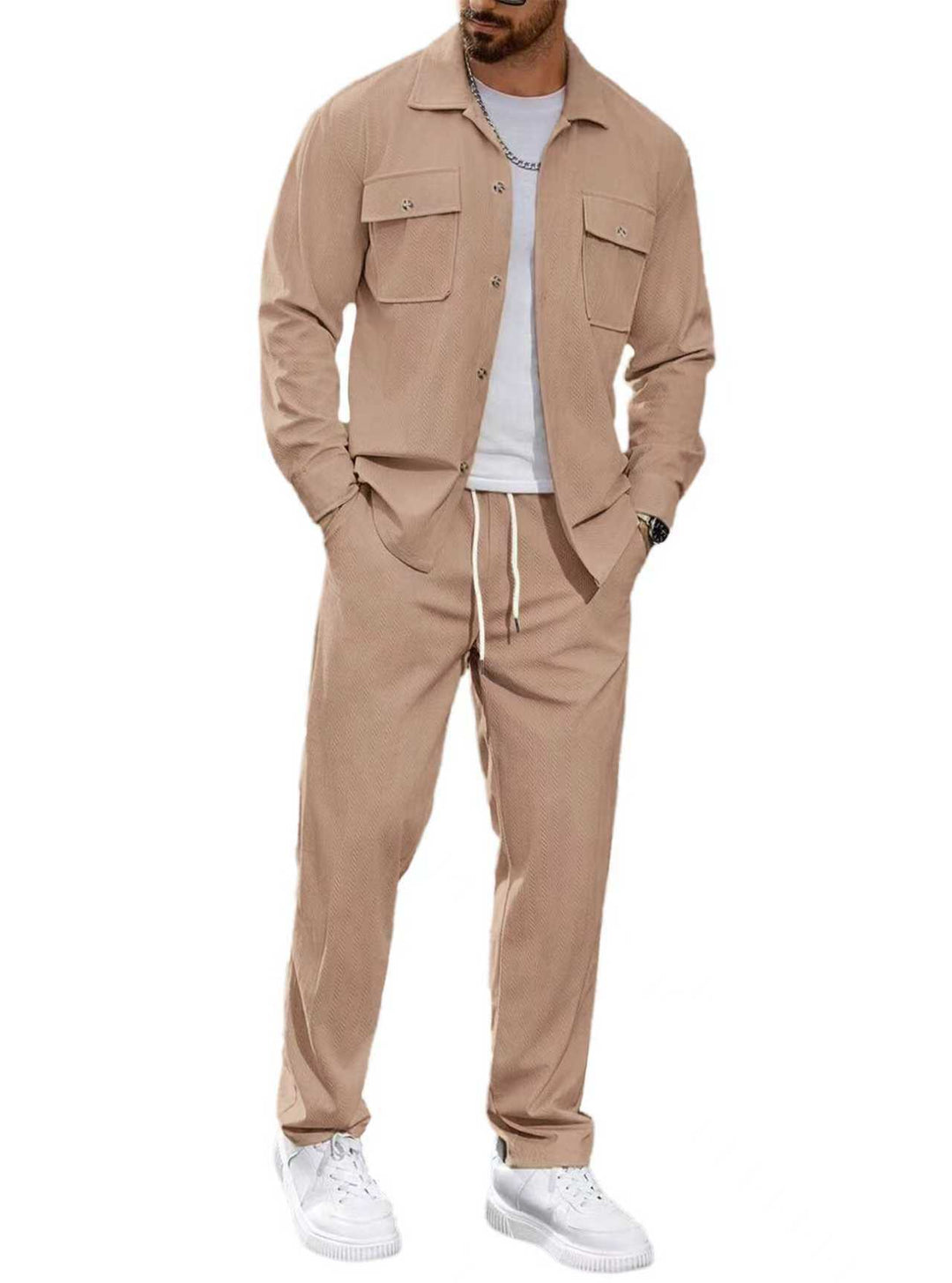 Men's casual two-piece shirt jacket with applied chest pockets and drawstring pants Mune Fashion