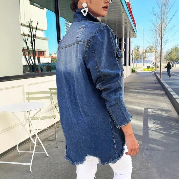 Women's Oversized Denim Jacket with Destroyed Details, Fringed Hem and Concealed Button Placket Mune Fashion