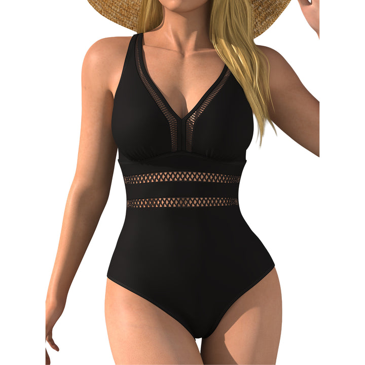Women's one-piece swimsuit with sophisticated mesh design and deep V-neck Mune Fashion