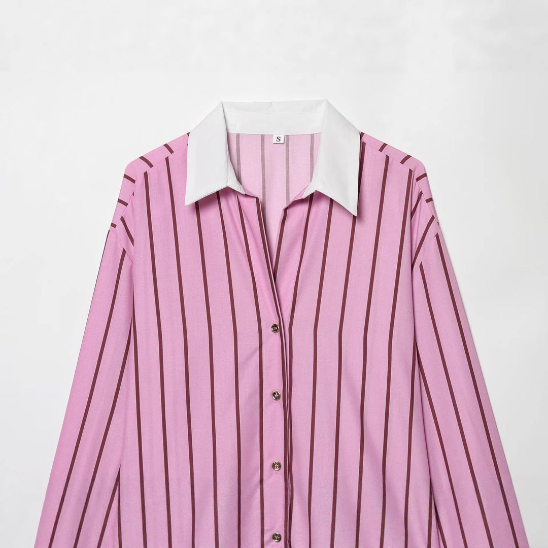 Women's loose button-up blouse with contrast collar and cuffs Mune Fashion