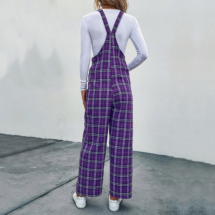 Women's Casual Checkered Jumpsuit with Wide Leg and Adjustable Straps Mune Fashion