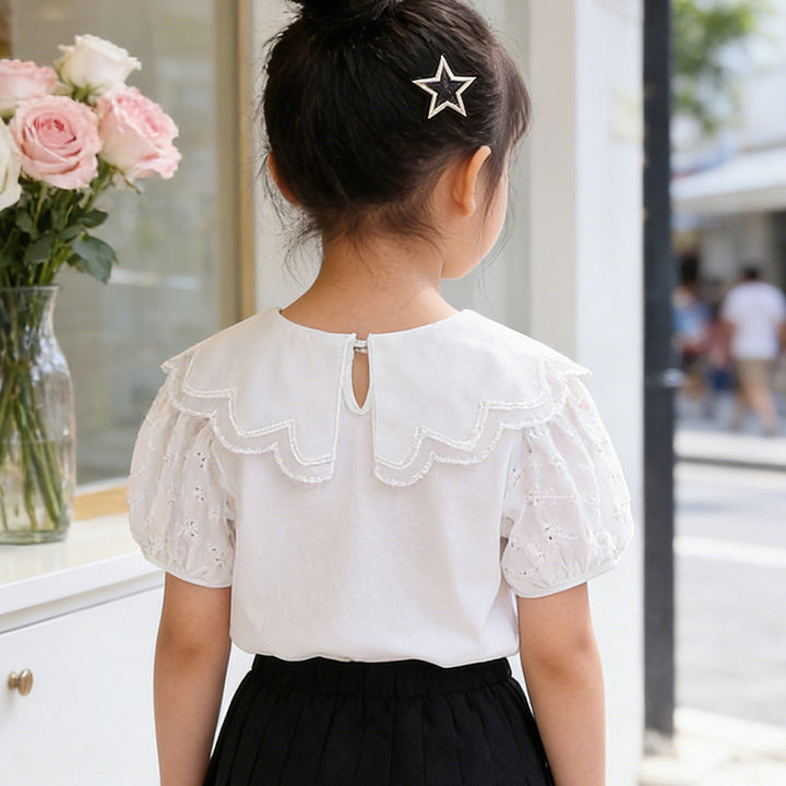 Girls fashionable T-shirt with embroidered collar and puff sleeves Mune Fashion