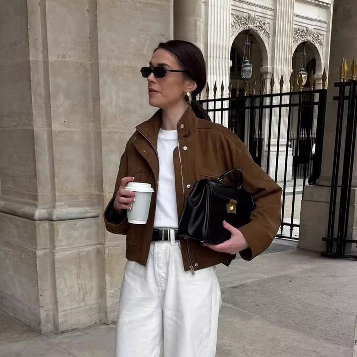 Women's short oversized jacket in suede look with stand-up collar, patch pockets, and elastic waistband Mune Fashion