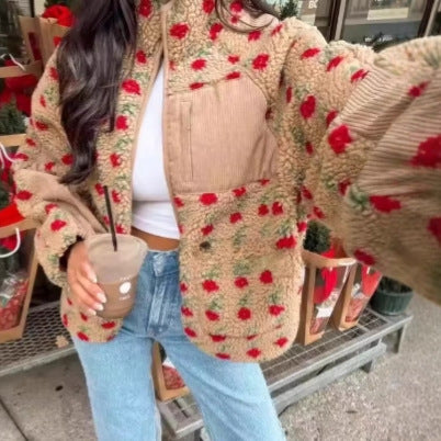 Women's teddy fleece jacket with floral pattern, fine cord inserts, stand-up collar and zip Mune Fashion