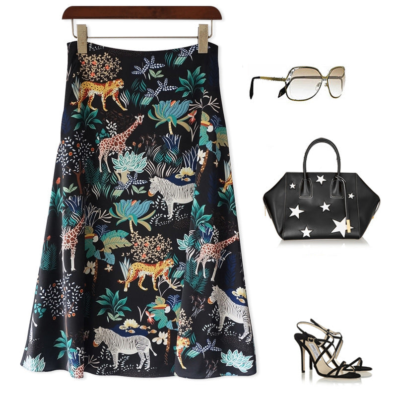 Women's Midi Skirt with Floral Animal Print Mune Fashion