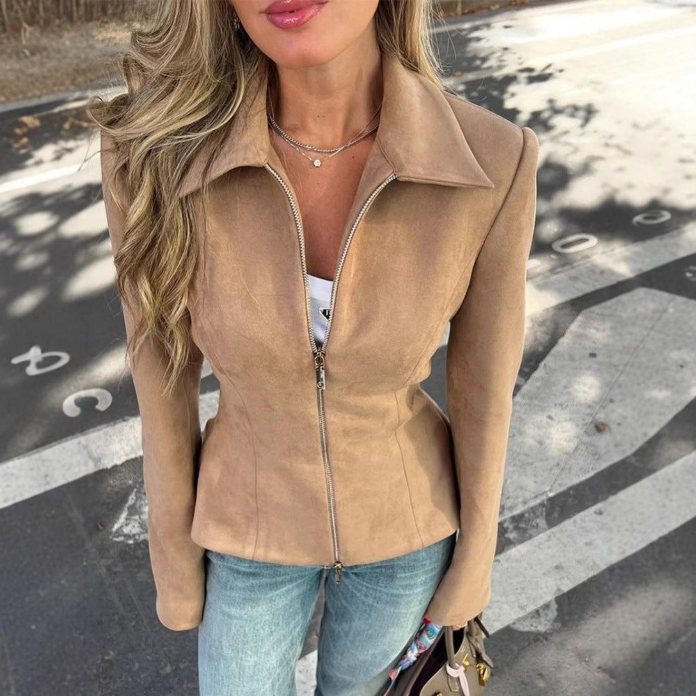 Women's Tailored Suede Look Jacket with Two-Way Zipper Mune Fashion