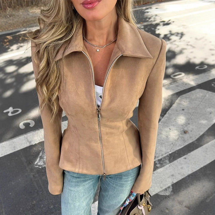 Women's Tailored Suede Look Jacket with Two-Way Zipper Mune Fashion