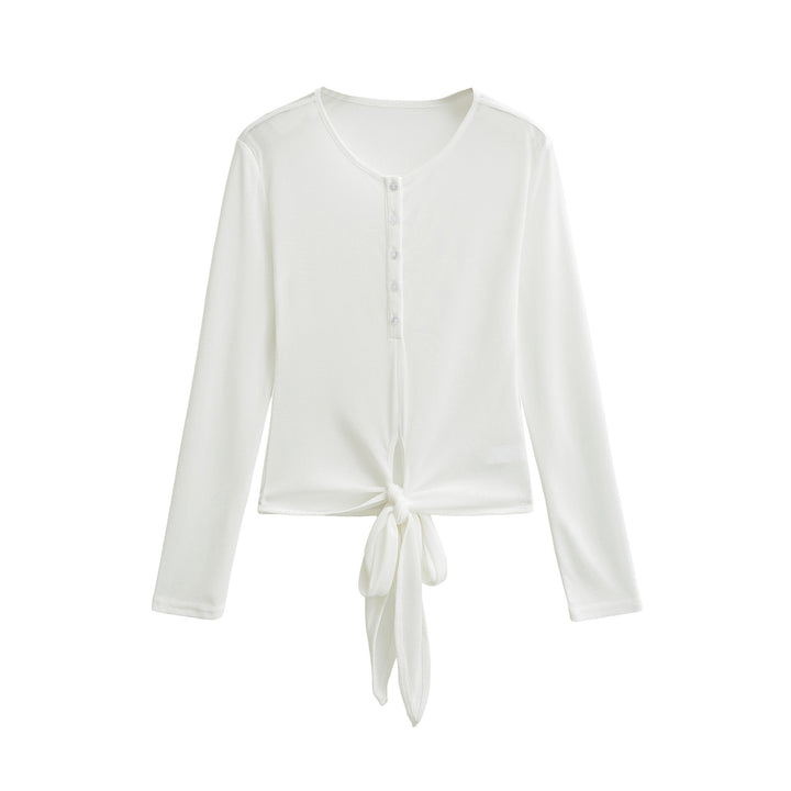 Women’s Long Sleeve Henley Top with Knot Front and Button Placket Mune Fashion