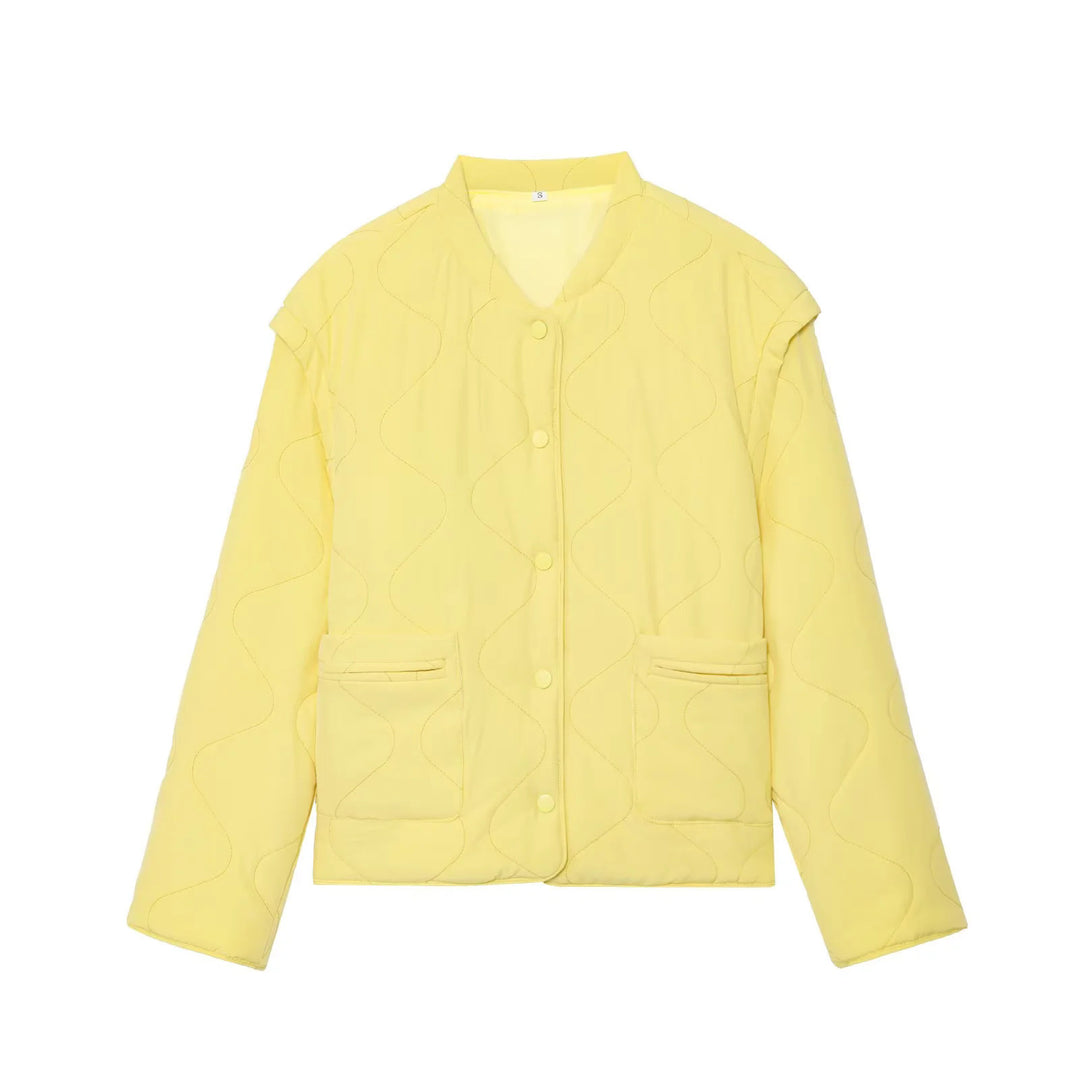 Women's quilted transitional jacket with wave stitching, V-neck and snap button placket Mune Fashion