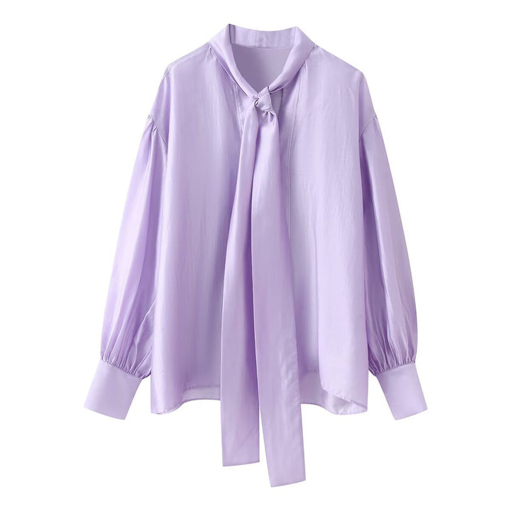 Women's silk-like blouse with loose fit, long ribbon ties and balloon sleeves Mune Fashion
