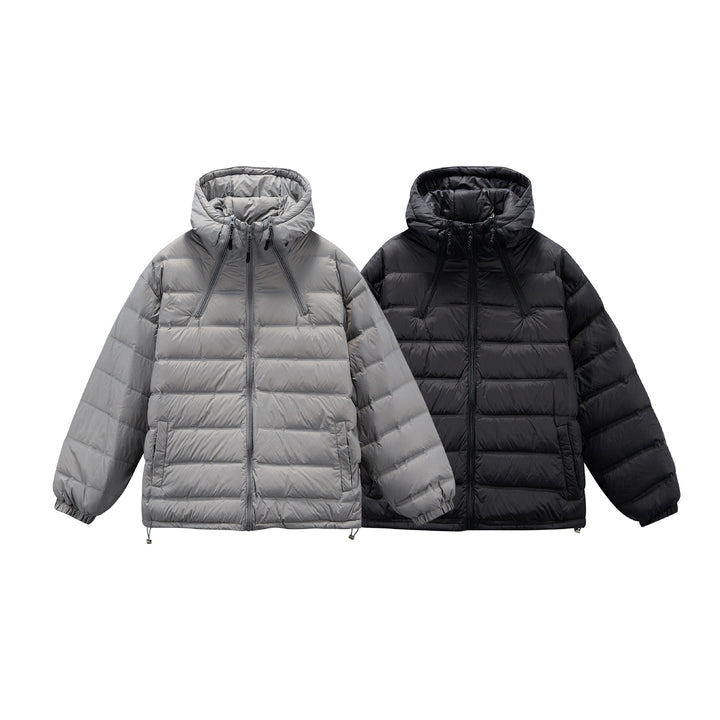 Men's Boxy Puffer Jacket with high stand-up hood, double front zipper and drawstring