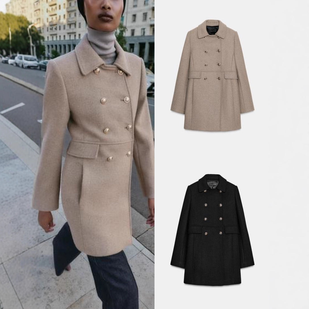 Women Double-breasted Wool Coat with Flared Pleated Skirt and Golden Decorative Buttons Mune Fashion