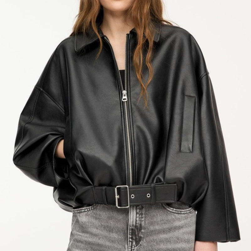 Women Oversized Leatherette Blouson with Waist Belt Mune Fashion
