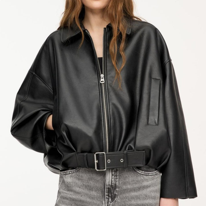 Women Oversized Leatherette Blouson with Waist Belt Mune Fashion