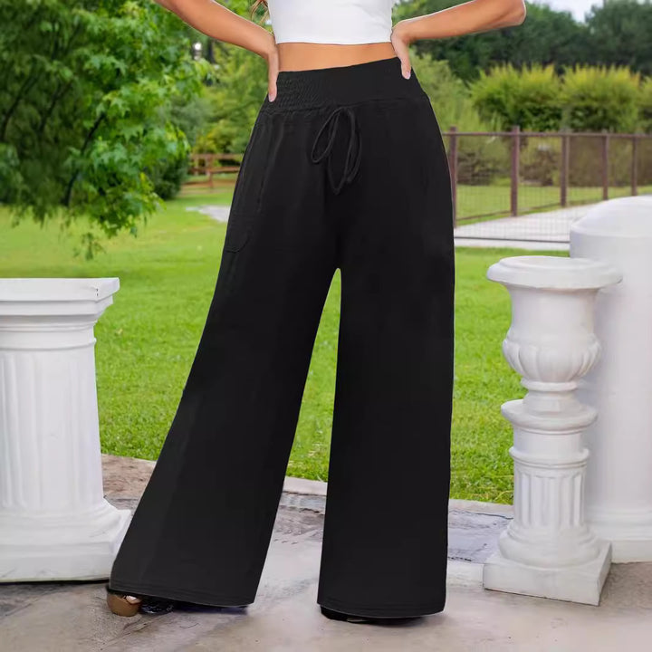 Women's Wide Linen Look Palazzo Pants with High Smocked Band, Drawstring and Side Pockets Mune Fashion