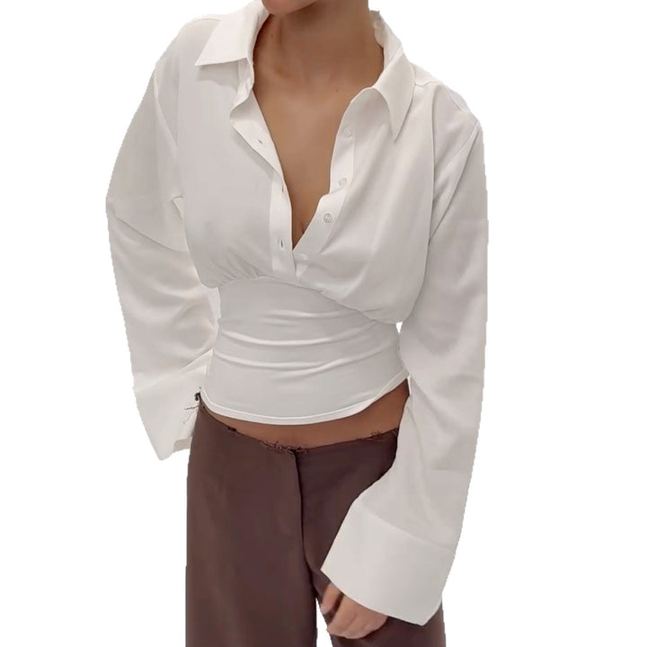 Women's fitted cropped blouse with shirt collar and wide stretchy waistband Mune Fashion