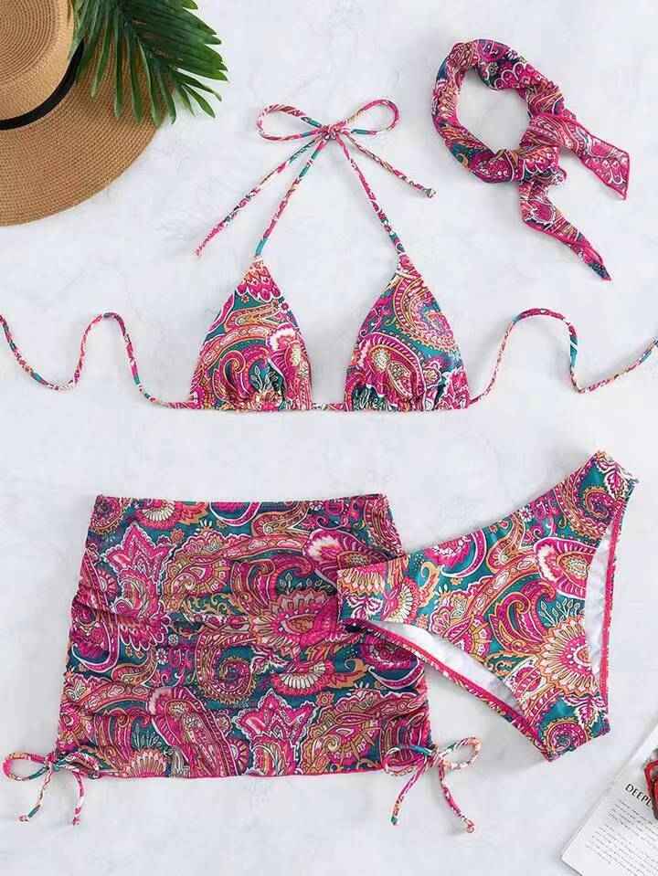 Women Triangle Bikini Set with elegant wrap skirt and matching headband Mune Fashion