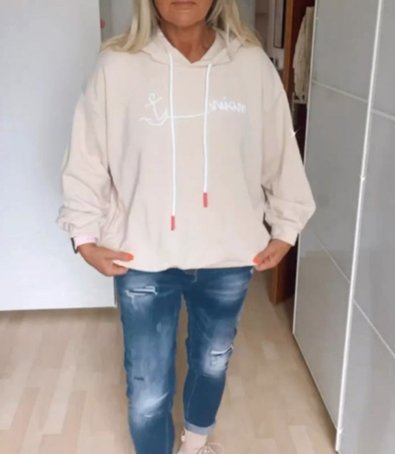 Women casual hoodie with minimalist line graphic, drawstring and ribbed hem Mune Fashion