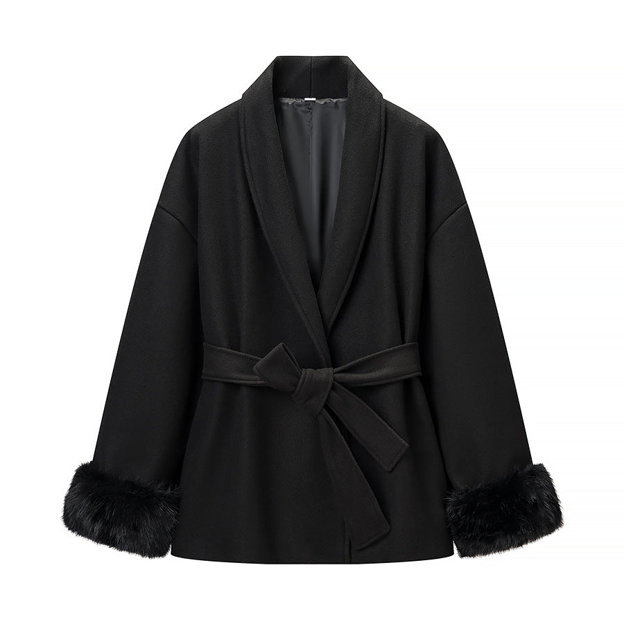 Women’s Wrap Coat with Tie Belt and Fur Trim on the Sleeves Mune Fashion