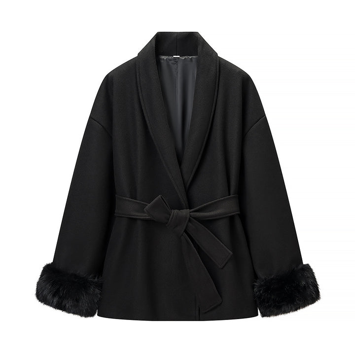 Women’s Wrap Coat with Tie Belt and Fur Trim on the Sleeves Mune Fashion