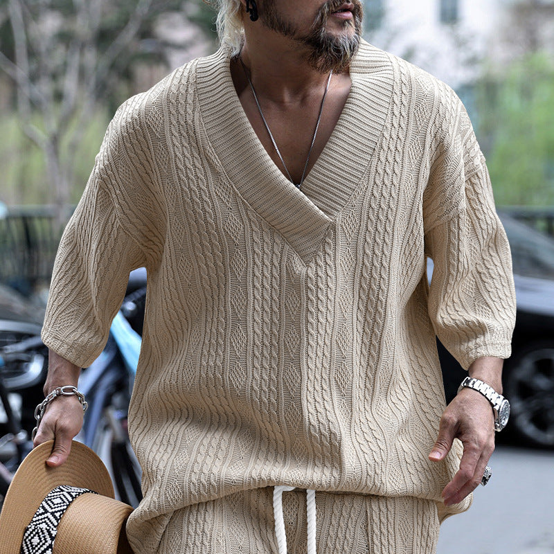 Men's oversized chunky knit sweater with deep V-neck and three-quarter sleeves Mune Fashion