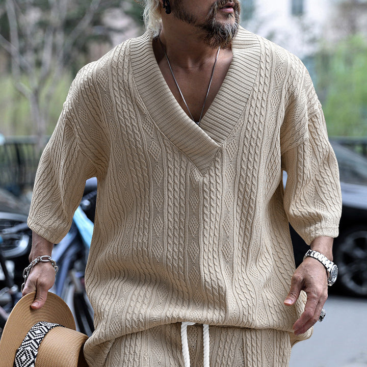 Men's oversized chunky knit sweater with deep V-neck and three-quarter sleeves Mune Fashion