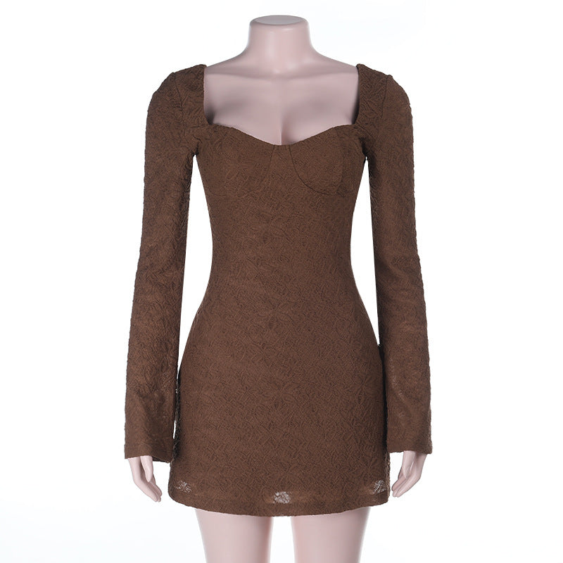 Women's Tailored Long Sleeve Lace Mini Dress with Heart-shaped Neckline Mune Fashion