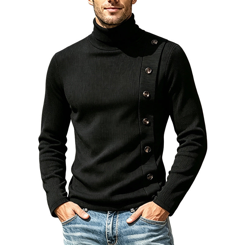 Men's Slim-Fit Turtleneck Sweater with Asymmetrical Decorative Button Placket Made of Ribbed Knit Mune Fashion
