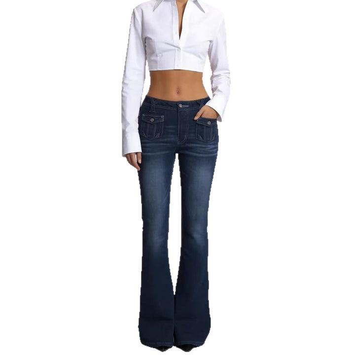 Women's high-waist flared jeans with decorative patch front pockets and form-fitting thigh area Mune Fashion