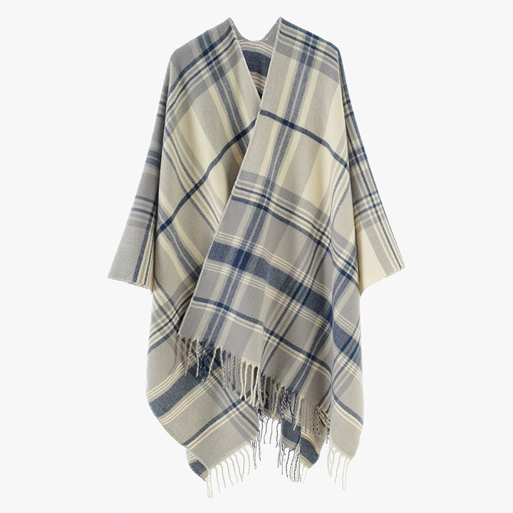 Women's Elegant Wool Blend Throw in Plaid Pattern with Fringes Mune Fashion