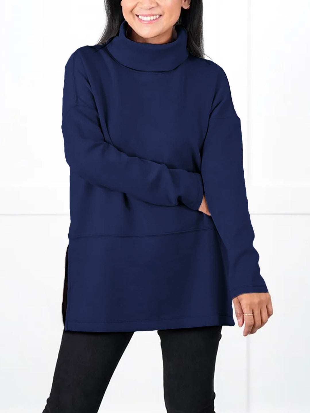 Women's Oversize Sweat Tunic with High Roll Neck, Side Slits and Extended Hem Mune Fashion