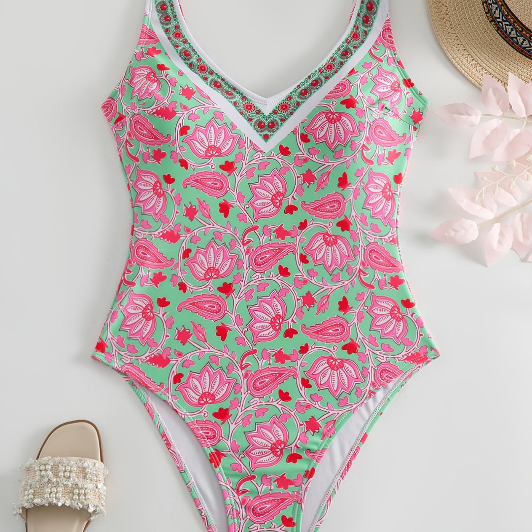 Ladies One-Piece Swimsuit with Floral Design and Fashionable Straps Mune Fashion