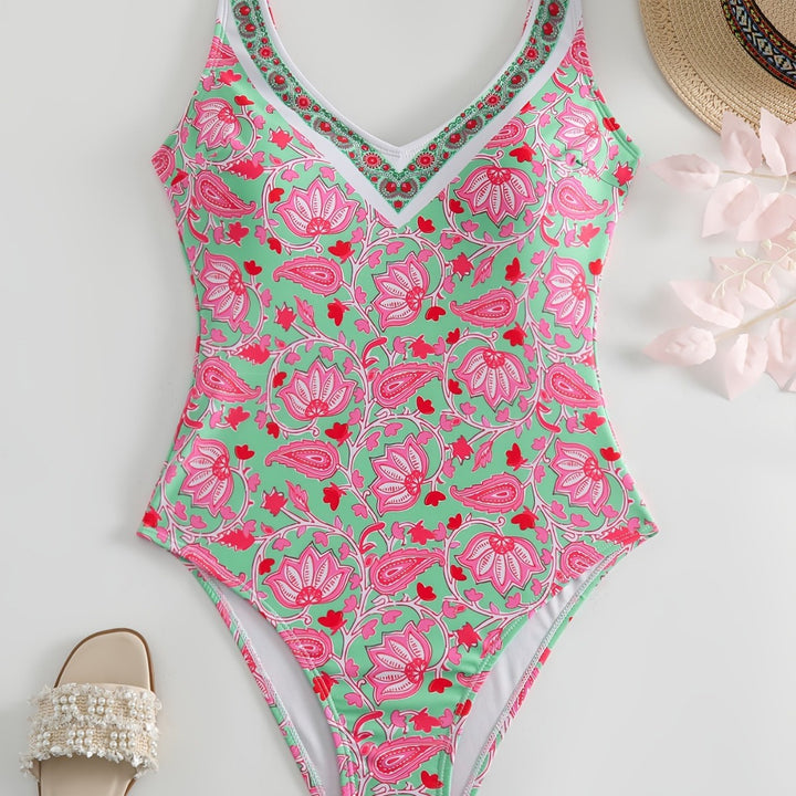 Ladies One-Piece Swimsuit with Floral Design and Fashionable Straps Mune Fashion