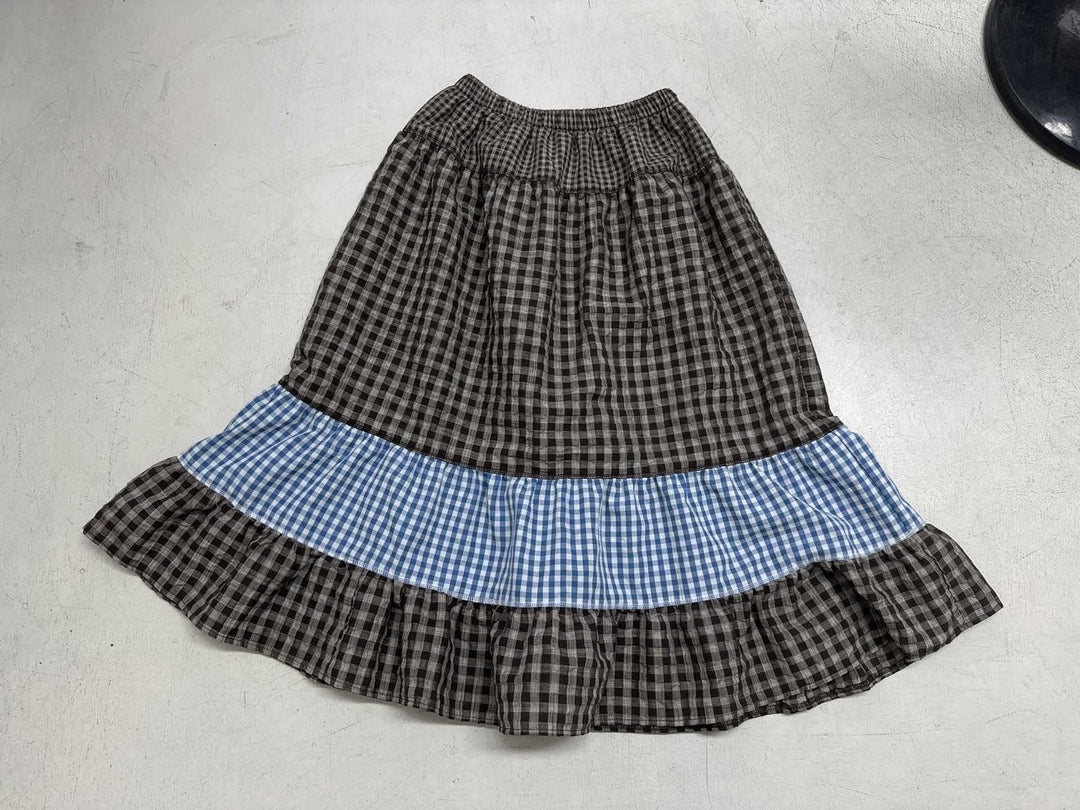 Women's multi-layered cotton tiered skirt with elastic waistband, contrasting gingham ribbon and ruffle Mune Fashion