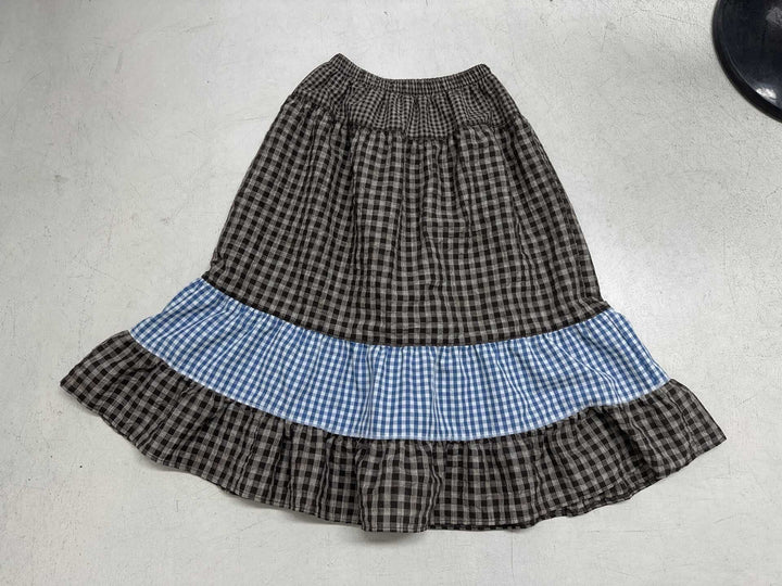 Women's multi-layered cotton tiered skirt with elastic waistband, contrasting gingham ribbon and ruffle Mune Fashion