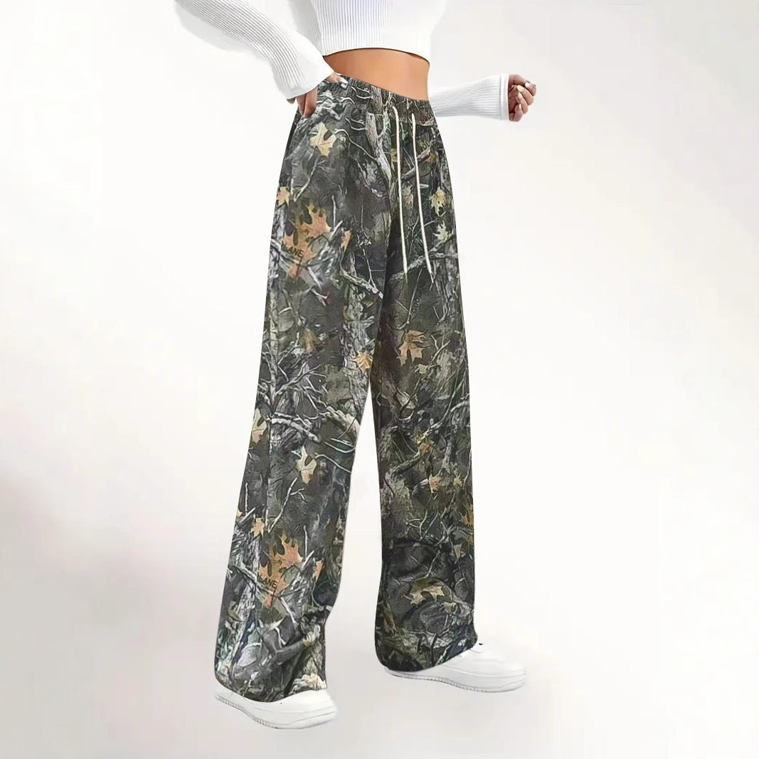 Women's Wide Palazzo Lounge Pants in Camouflage Leaf Pattern with Elastic Waistband, Drawstring and Side Pockets Mune Fashion
