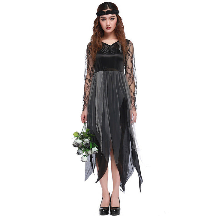 Ladies Gothic Costume with Transparent Lace Sleeves and Flared Skirt Mune Fashion