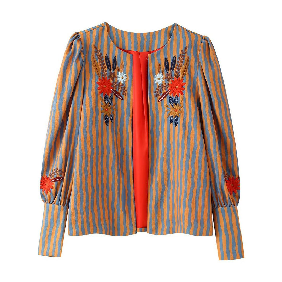 Women Lightweight Striped Blouse Jacket with Floral Embroidery and Cuffs Mune Fashion
